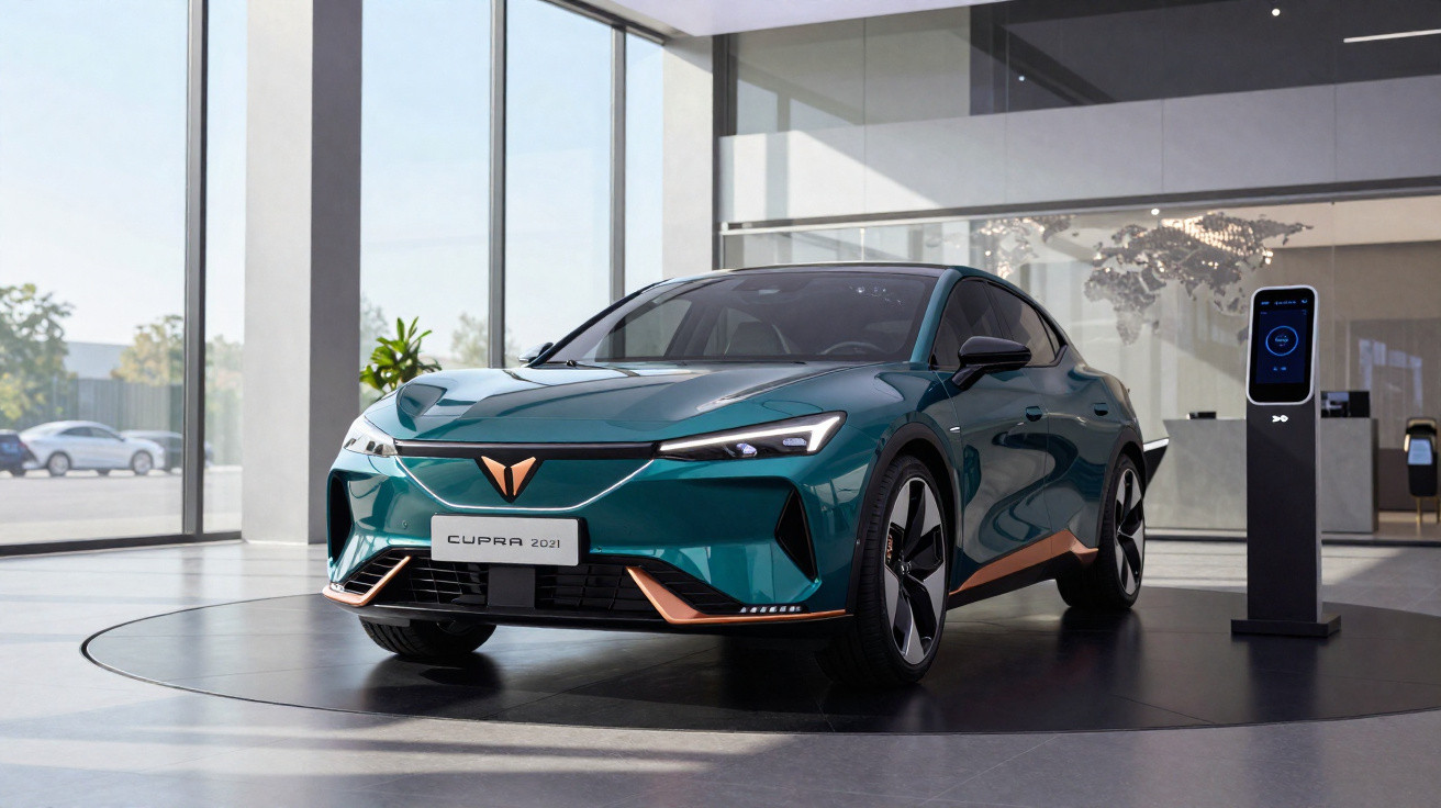 Sleek green Cupra electric car displayed indoors with charging station and large windows in the background.