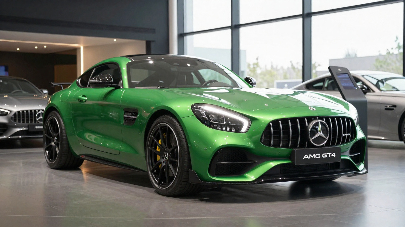 Green Mercedes AMG GT4 sports car displayed indoors with large windows in the background.