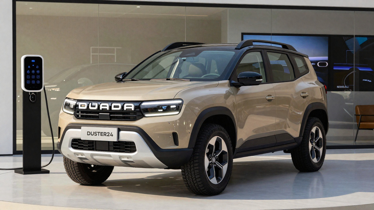 Beige Duada Duster24 electric SUV parked indoors next to a black electric vehicle charging station.