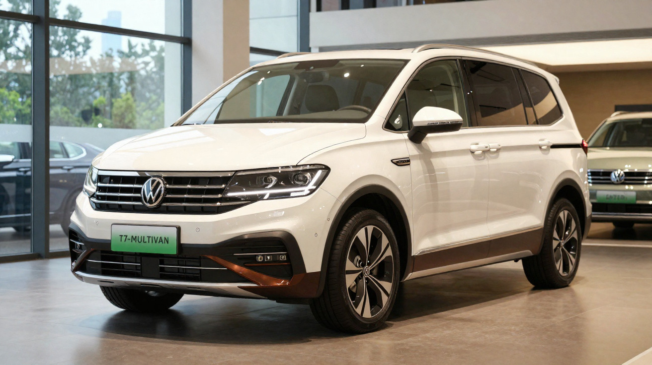 White Volkswagen T7 Multivan parked indoors with tinted windows and modern design details.