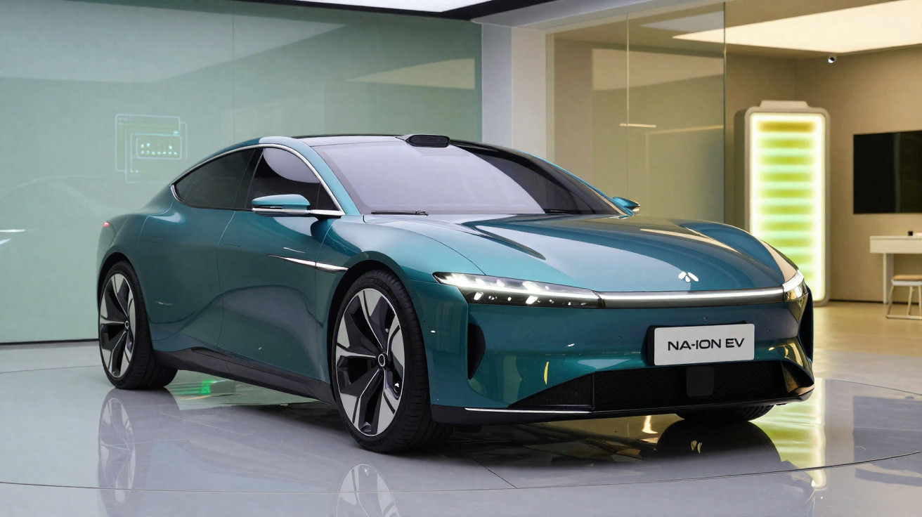 Sleek dark green electric car displayed indoors with modern design and illuminated battery icon in the background.