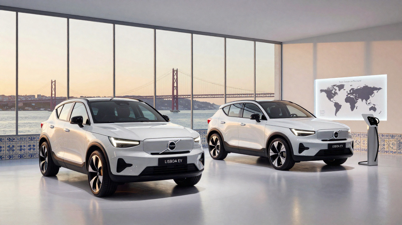 Two white Volvo electric SUVs displayed indoors with a river and suspension bridge visible through large windows.