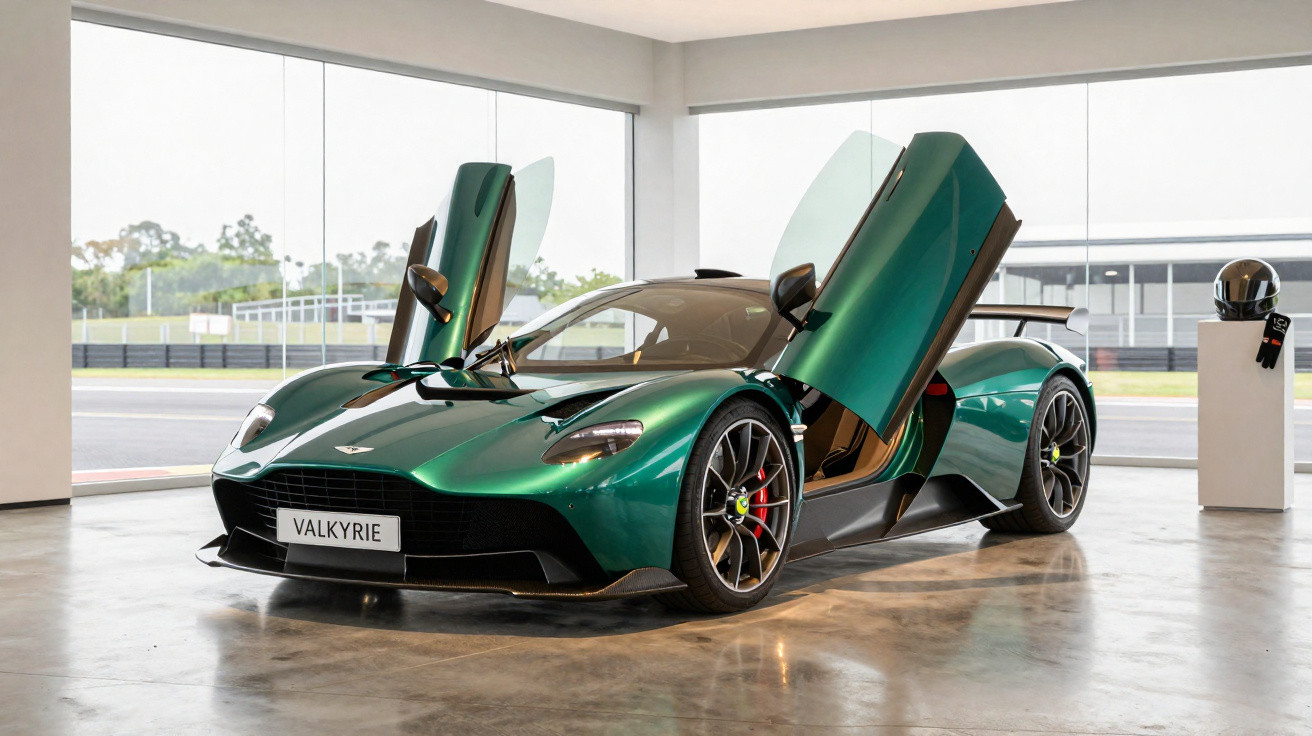 Green Aston Martin Valkyrie sports car with butterfly doors open in a showroom.
