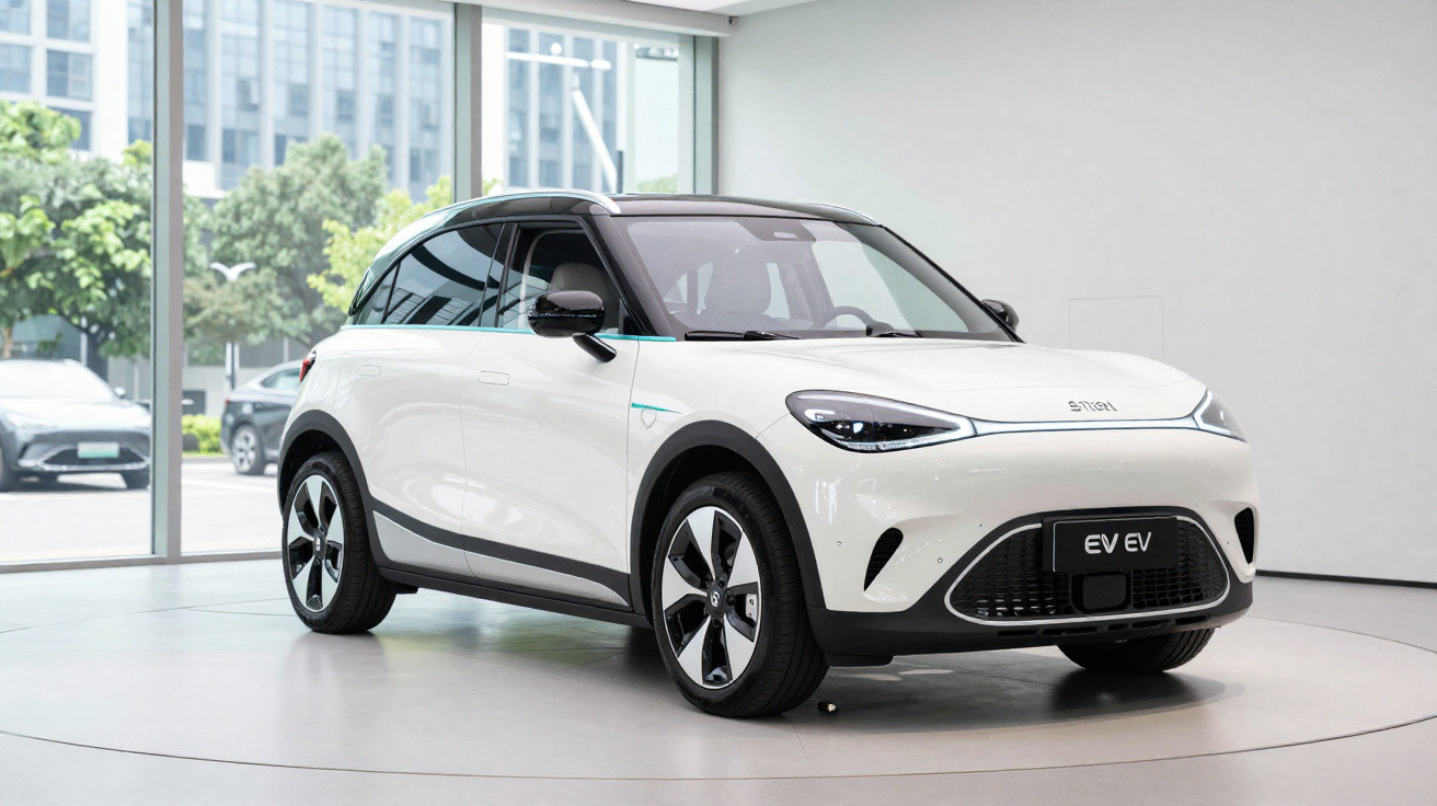 White compact electric vehicle with black roof displayed indoors on circular platform