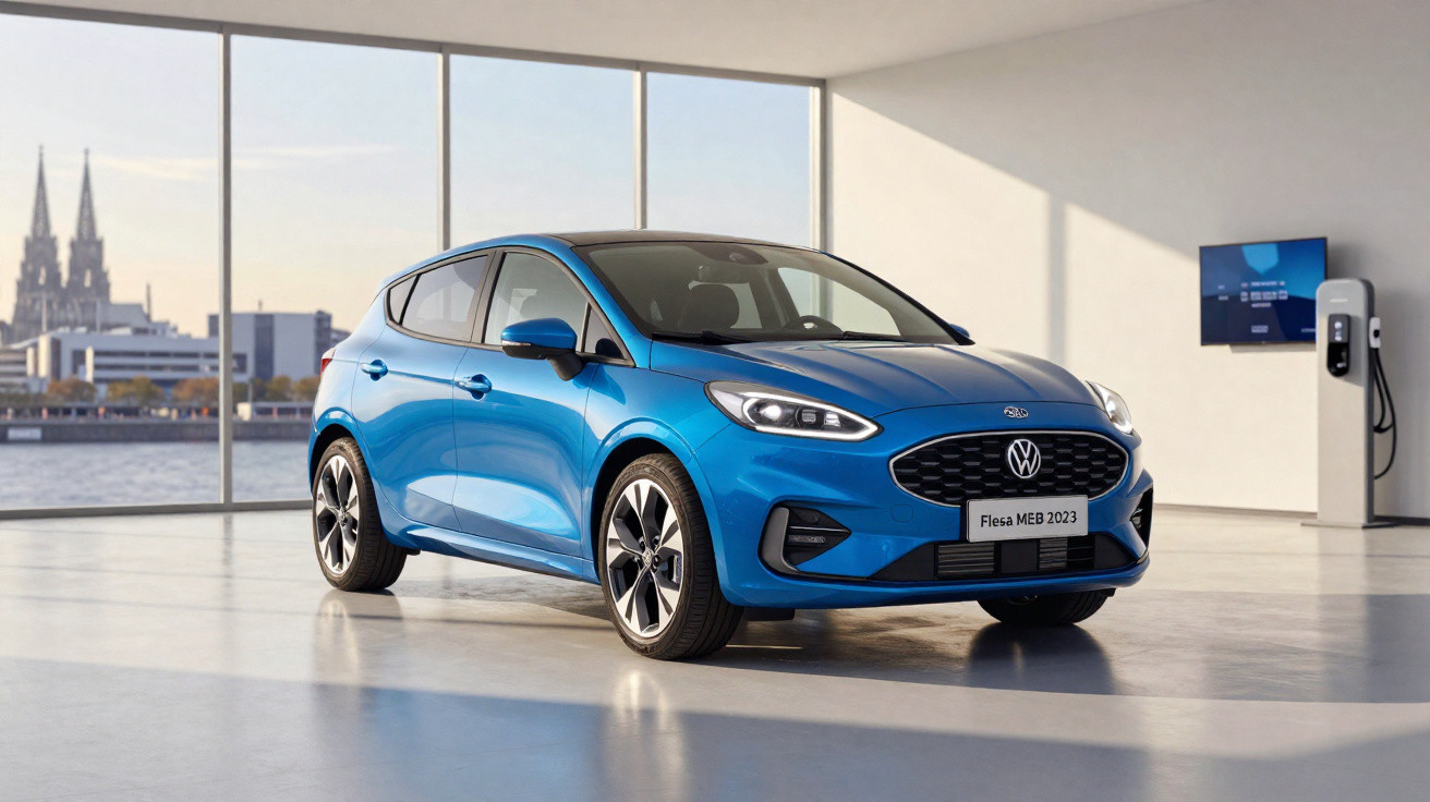 Blue 2023 Volkswagen Fiesta MEB hatchback parked indoors near a window with city and river views.