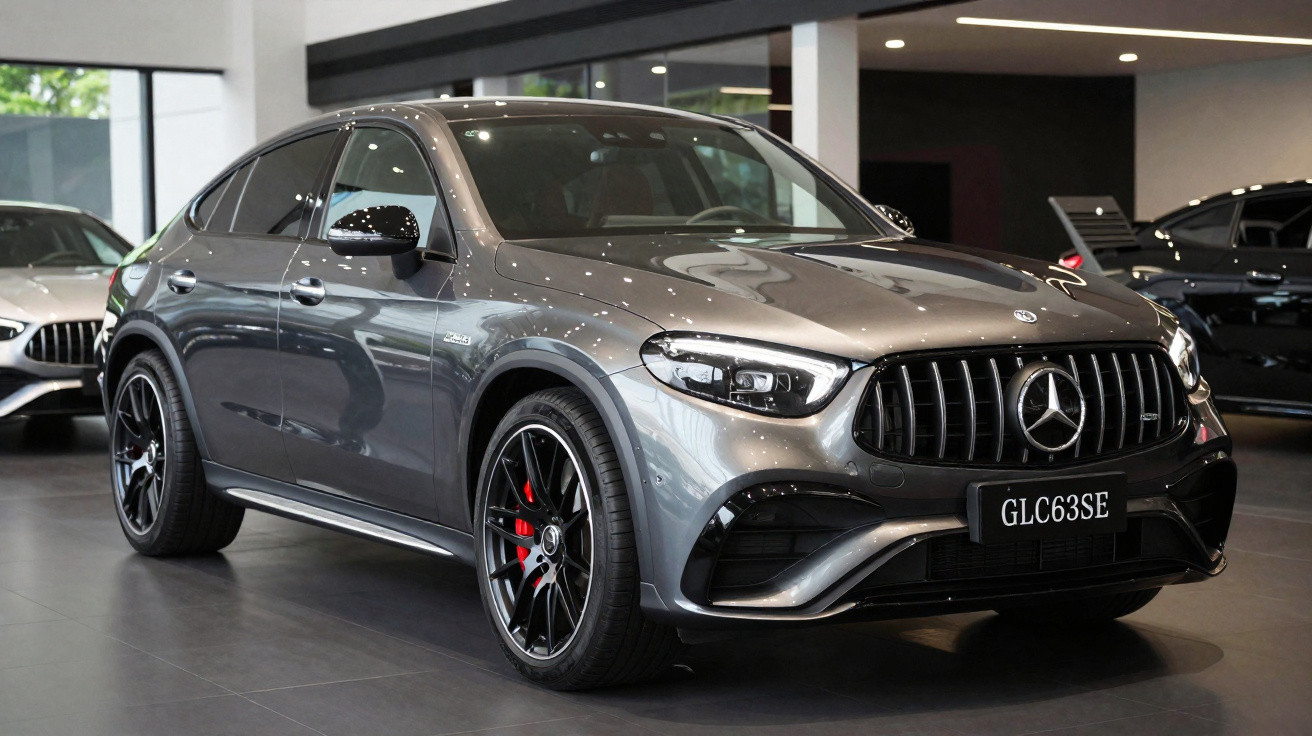 Grey Mercedes-Benz GLC 63 S E coupe SUV displayed in a showroom with black alloy wheels and red brake calipers.