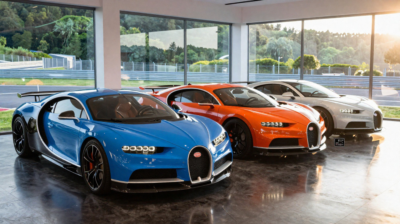 Three luxury Bugatti sports cars in blue, orange, and white, displayed indoors with large glass windows.