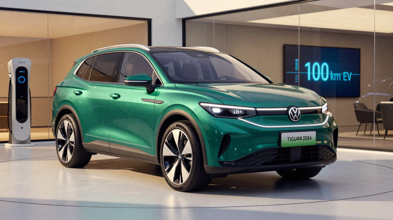 Green Volkswagen Tiguan 2044 electric SUV displayed indoors near a charging station with a screen showing 100 km EV range.