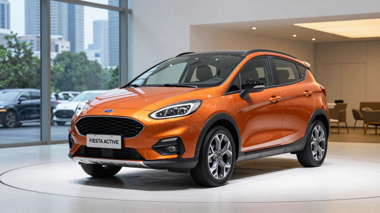 Orange Ford Fiesta Active hatchback displayed indoors on a rotating platform with city buildings visible outside.