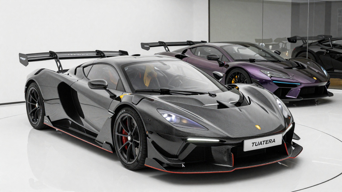 Two high-performance sports cars in a showroom, one black McLaren Tuatara and one purple supercar reflected in a mirror.