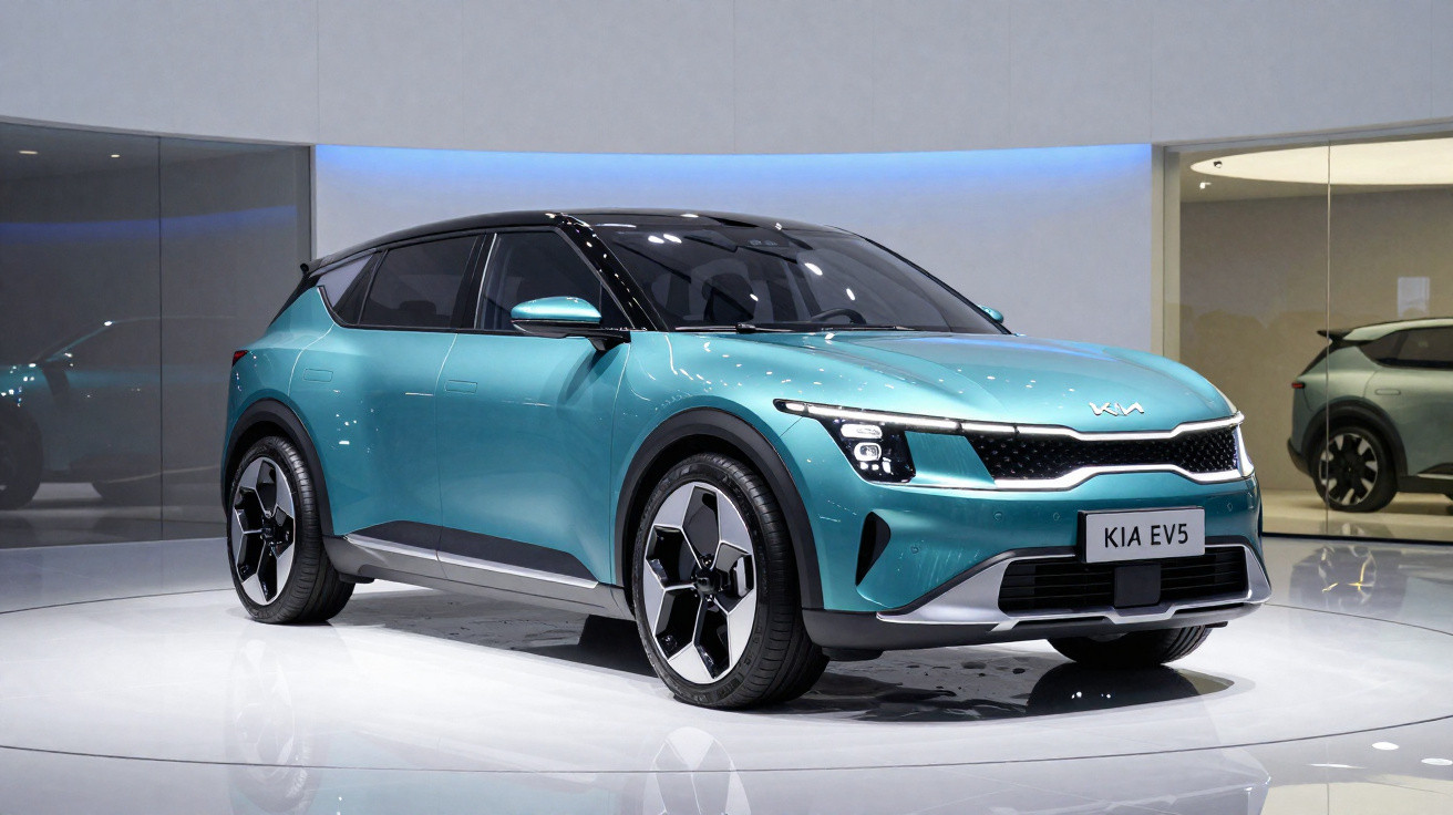 Teal Kia EV5 electric SUV displayed indoors with modern design and black roof on a white platform.