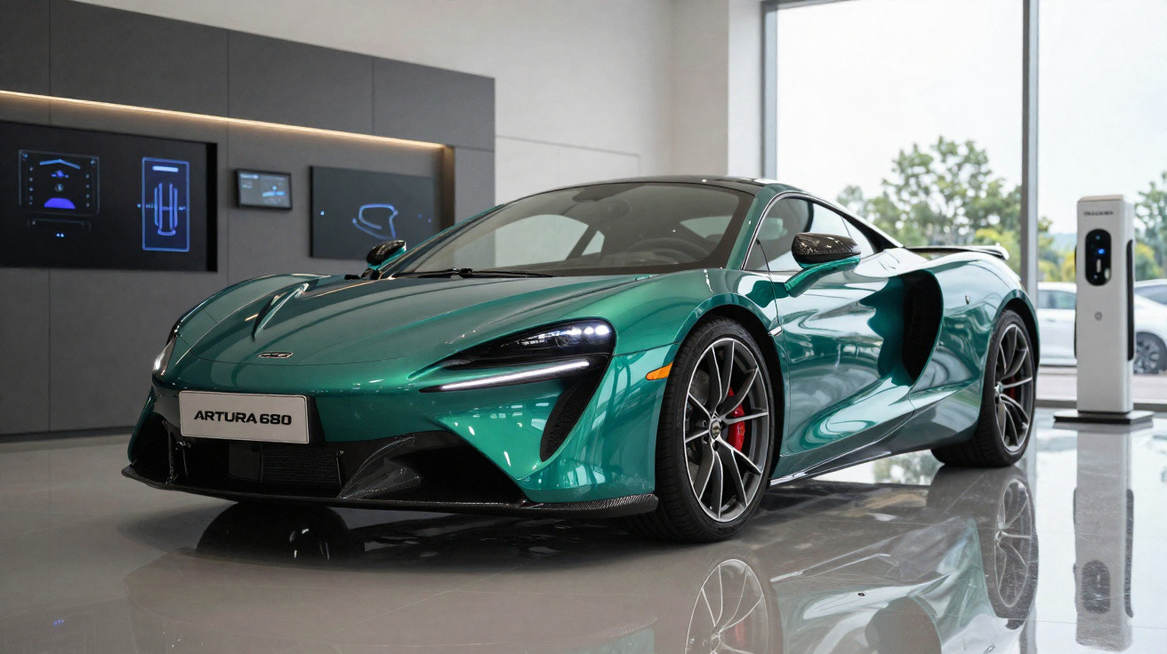 Green McLaren Artura 680 sports car inside a modern showroom with electric vehicle charging station.