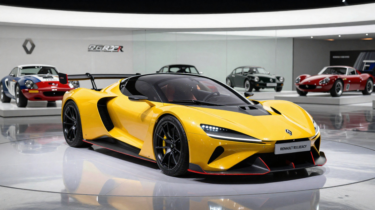 Yellow Renault RS Legacy sports car on display with classic cars in the background inside a showroom.