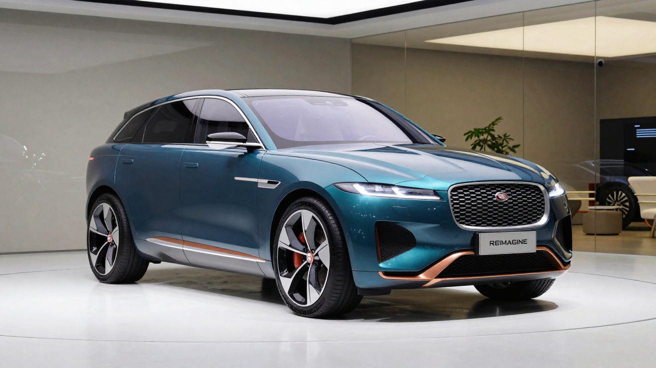 Teal Jaguar Reimagine electric SUV displayed in a modern showroom with sleek design and copper accents.