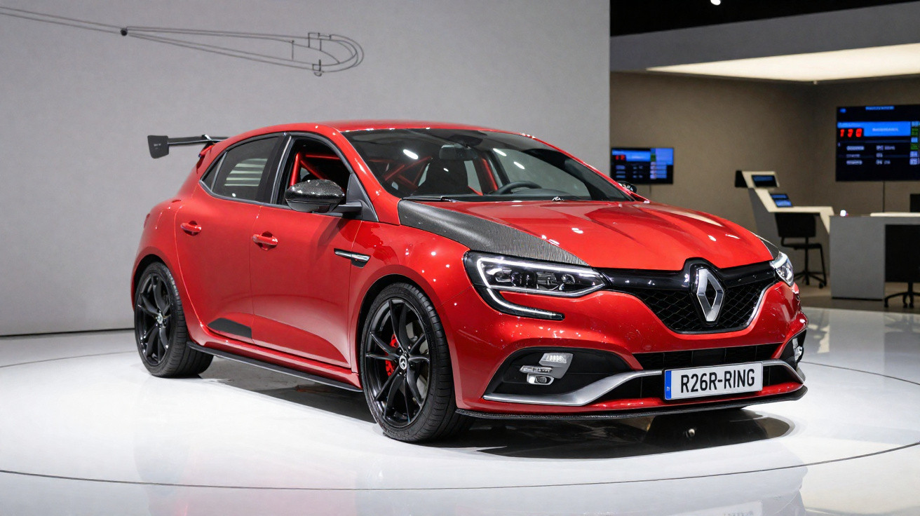 Red Renault Megane R.S. hatchback with black alloy wheels and carbon accents on display indoors