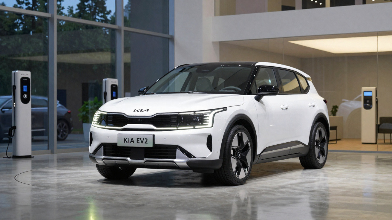 White Kia EV2 electric car displayed indoors near charging stations, modern showroom setting.