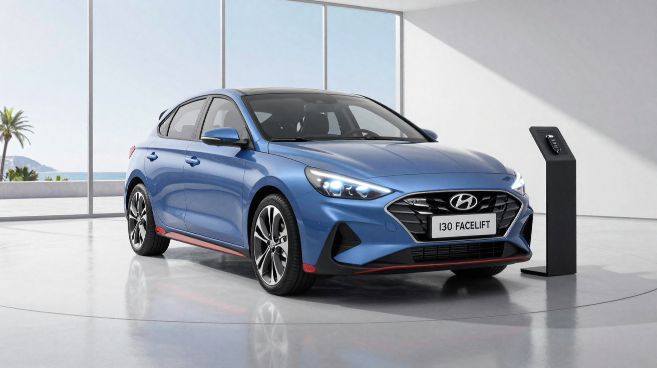 Blue Hyundai i30 Facelift hatchback displayed indoors near a digital monitor stand.