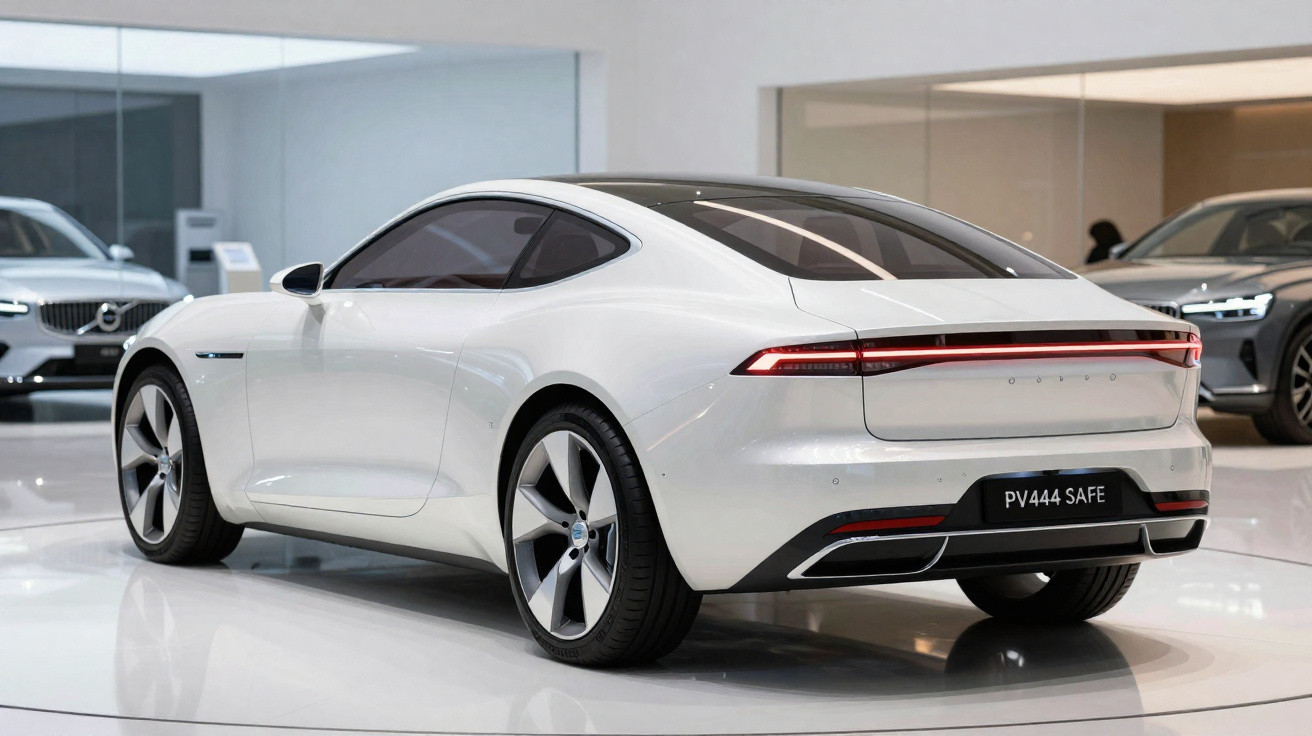 White sleek modern electric sports car displayed in showroom with other vehicles in background