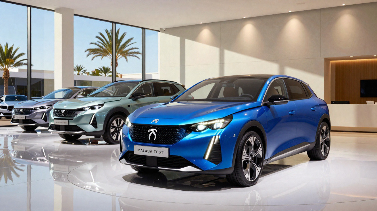 Sleek blue and silver electric SUVs displayed in a modern, bright showroom with palm trees outside.