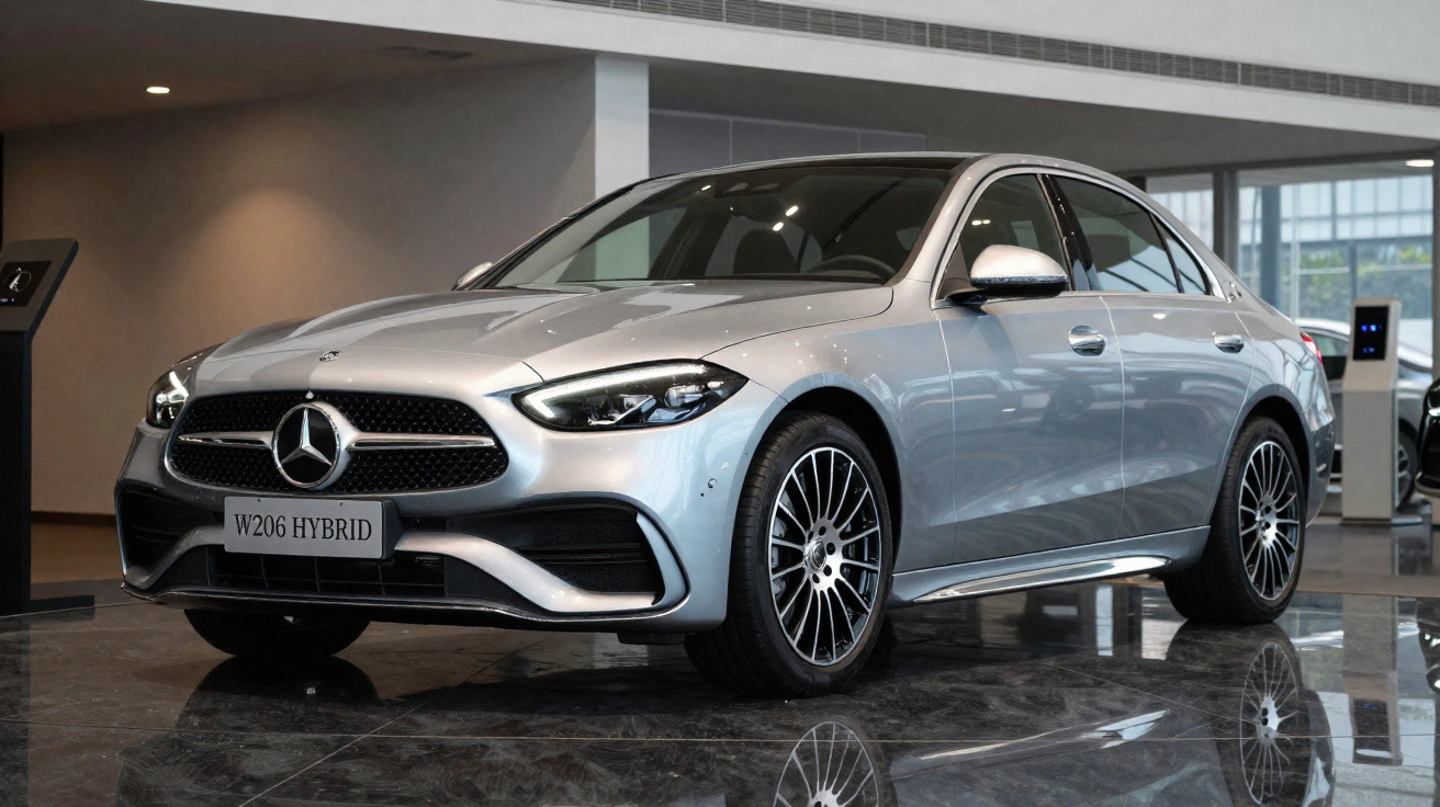 Silver Mercedes-Benz W206 hybrid sedan displayed indoors on reflective marble floor.