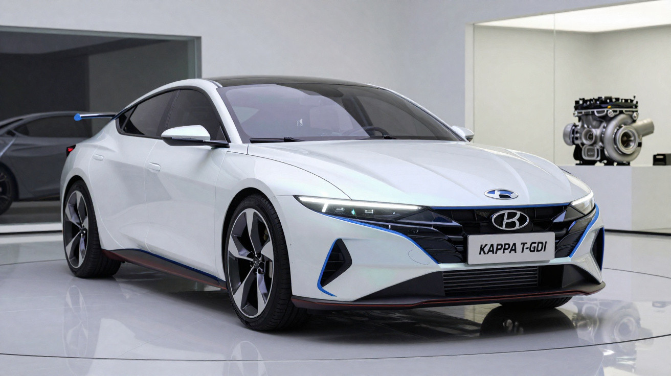 White Hyundai Kappa T-GDI electric car displayed in a showroom with modern design and engine model in the background.