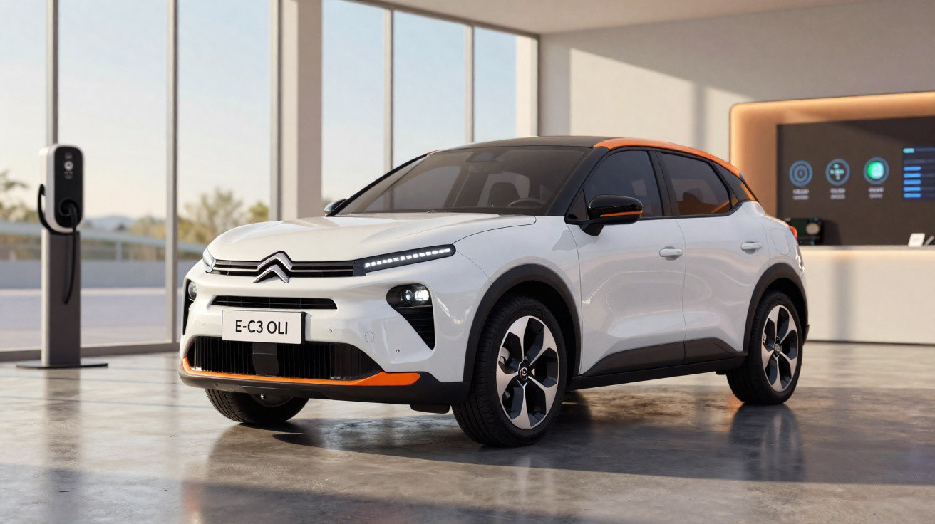 White Citroën E-C3 Oli electric car with orange roof accents parked inside a showroom near charging station.