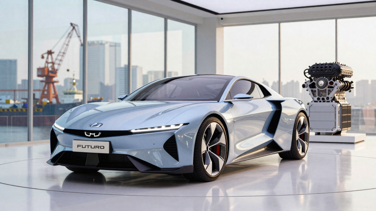 Silver Hyundai Futuro sports car displayed in a modern showroom with city skyline and engine model in the background.
