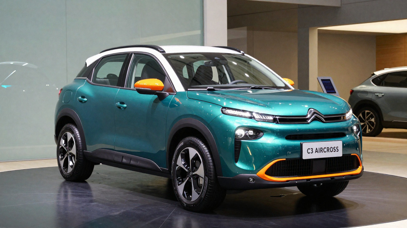 Green Citroën C3 Aircross SUV with orange accents displayed indoors on a showroom floor.