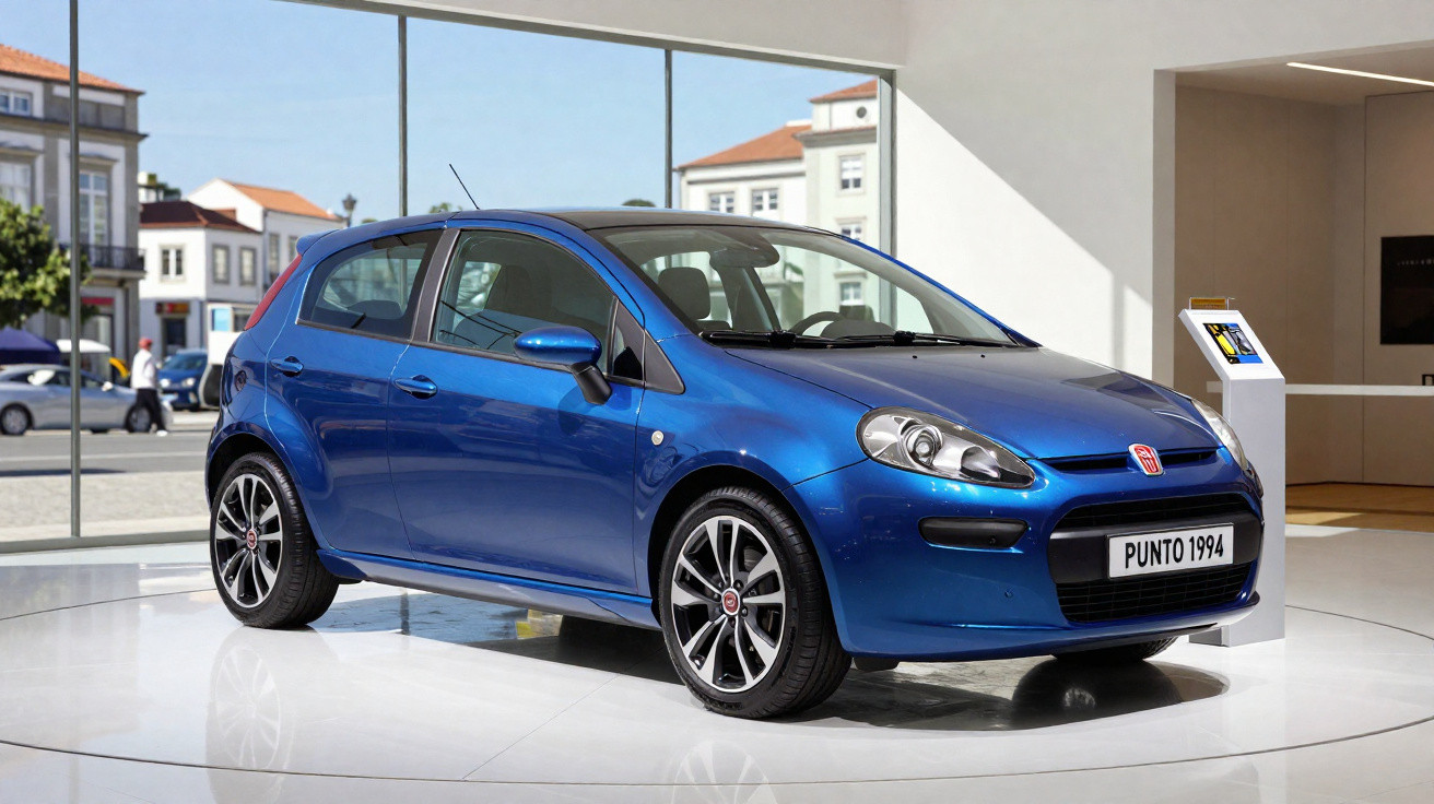 Blue 1994 Fiat Punto on display in a bright showroom with large windows and city background.