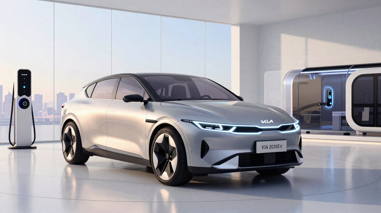 Silver Kia 2030 electric car in a modern showroom by a charging station and futuristic pods.