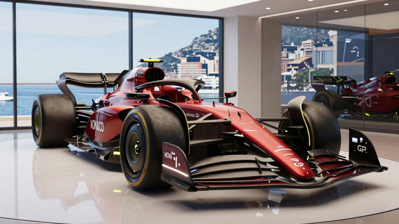 Red Formula 1 racing car displayed indoors with Monaco city and sea visible through large windows.