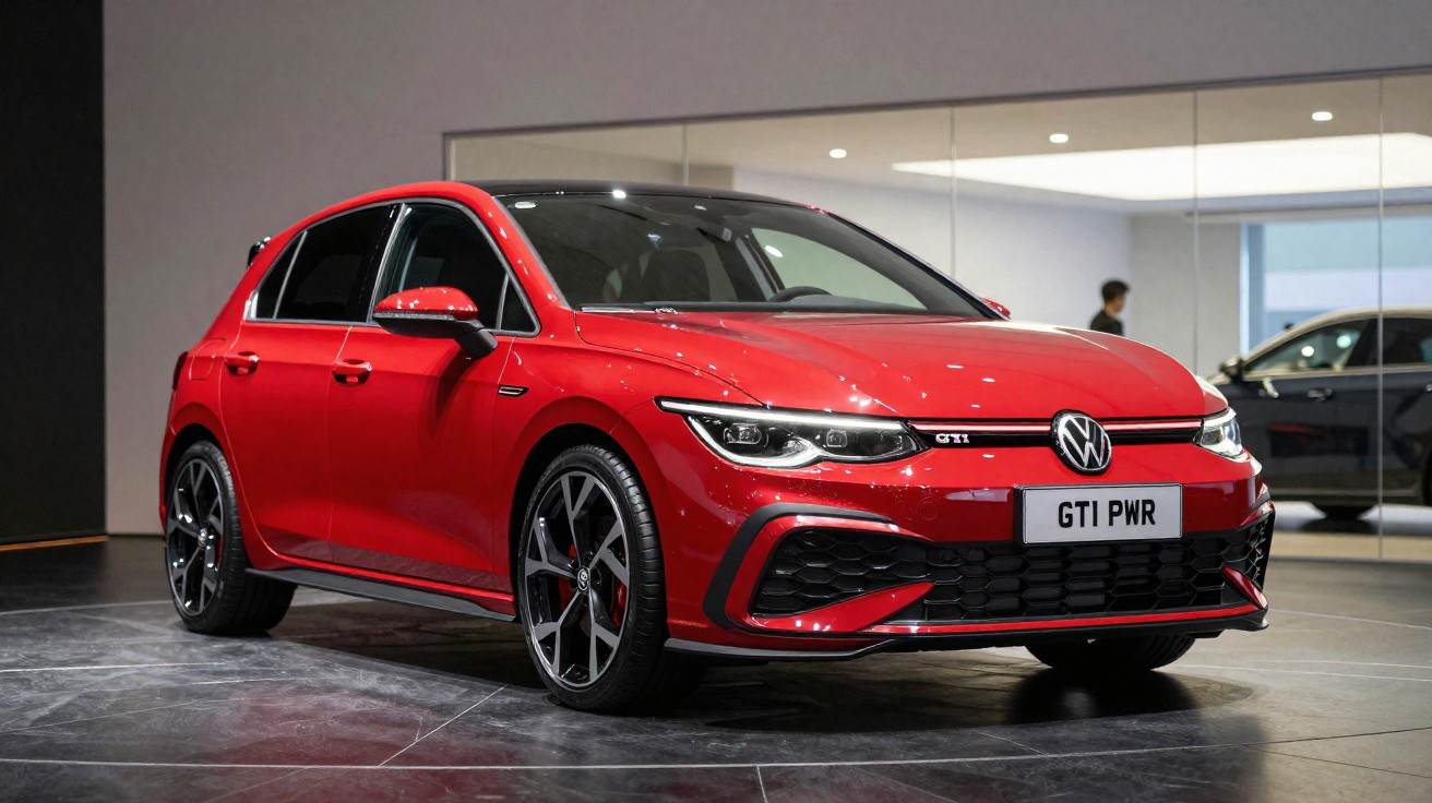 Red Volkswagen Golf GTI hatchback displayed indoors with black alloy wheels and sporty front grille.