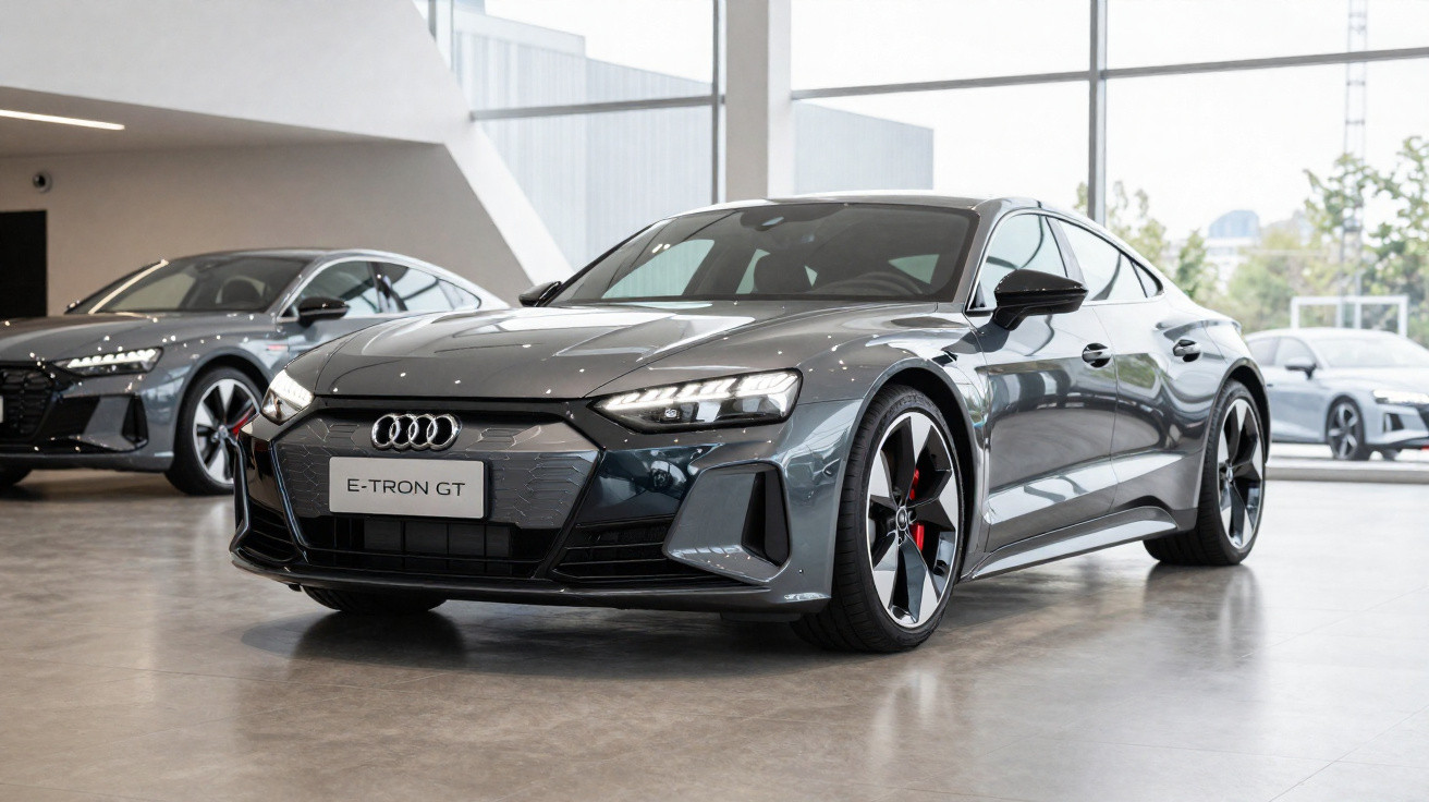 Dark grey Audi E-Tron GT electric car parked inside a modern showroom with large windows.