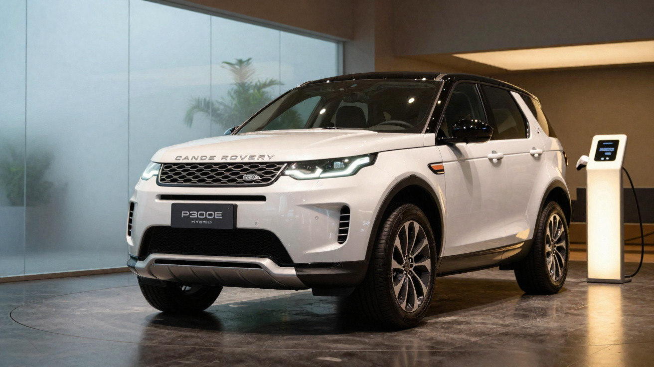 White electric Range Rover P300e hybrid SUV charging indoors by a glass wall with plants visible outside.