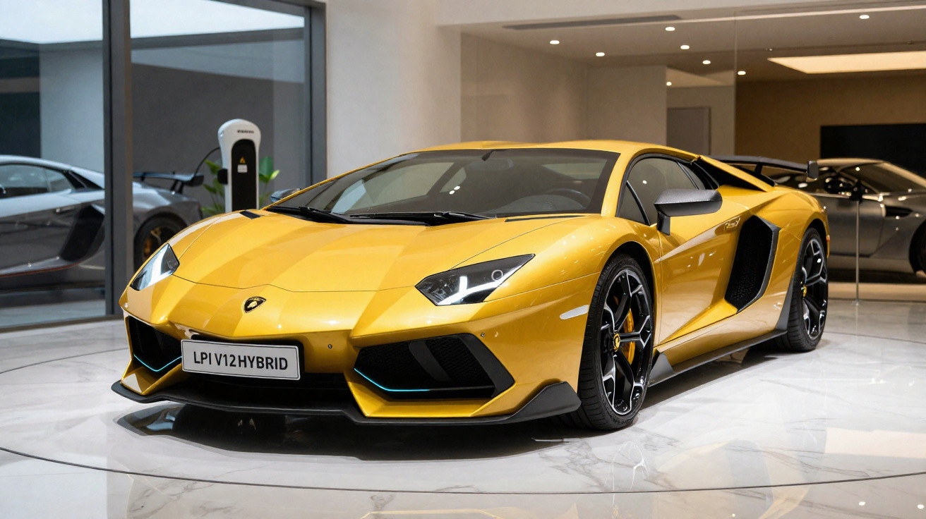 Yellow Lamborghini sports car parked indoors on glossy marble floor with another car in background.