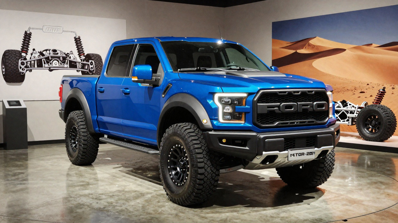 Blue Ford pickup truck displayed in an indoor showroom with desert and mechanical artwork in the background.