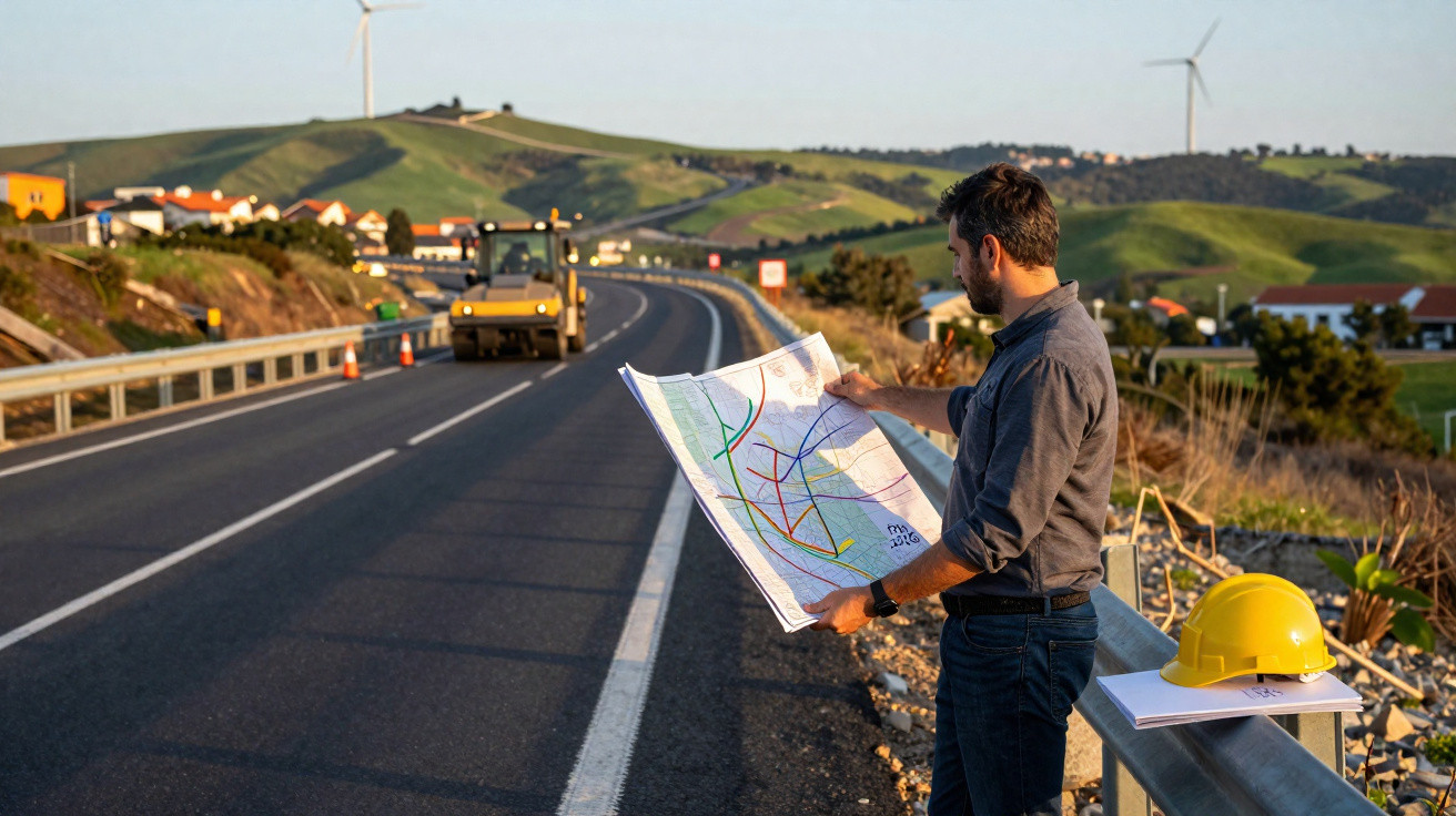 Man studying a map by a roadside with construction equipment and wind turbines in the background.