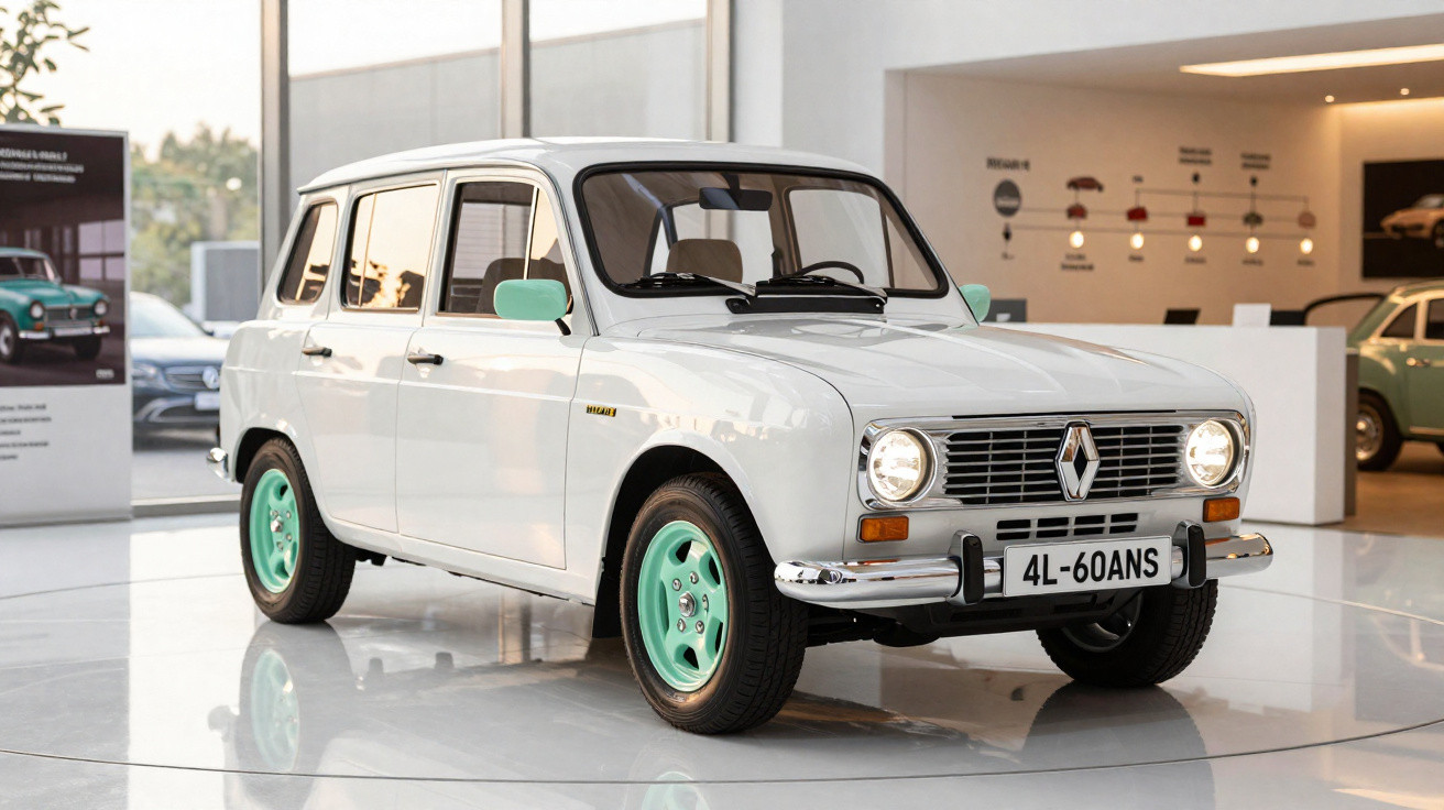 White classic Renault 4 car with mint green wheels displayed in a modern showroom.