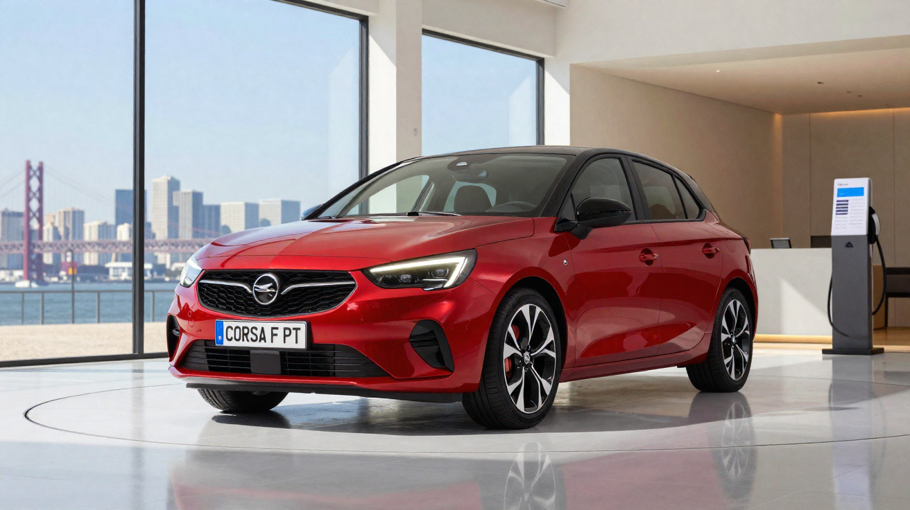 Red Opel Corsa hatchback car on display in a modern showroom with large windows and city skyline view.