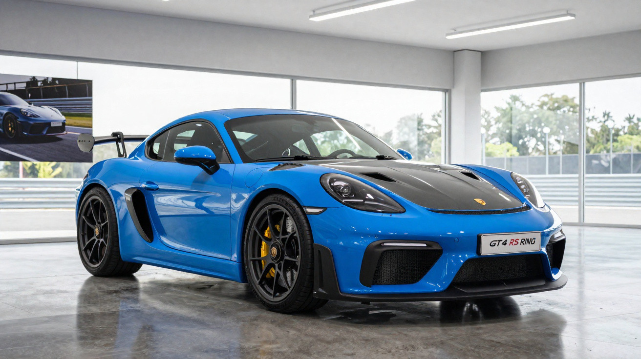 Blue Porsche GT4 RS sports car with black detailing parked inside a bright showroom with large windows.