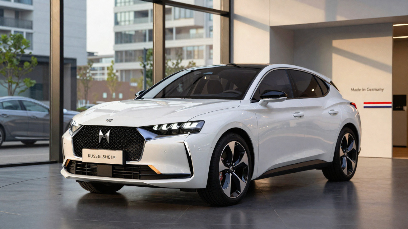 White modern electric hatchback car displayed in a showroom with large windows and urban buildings outside.