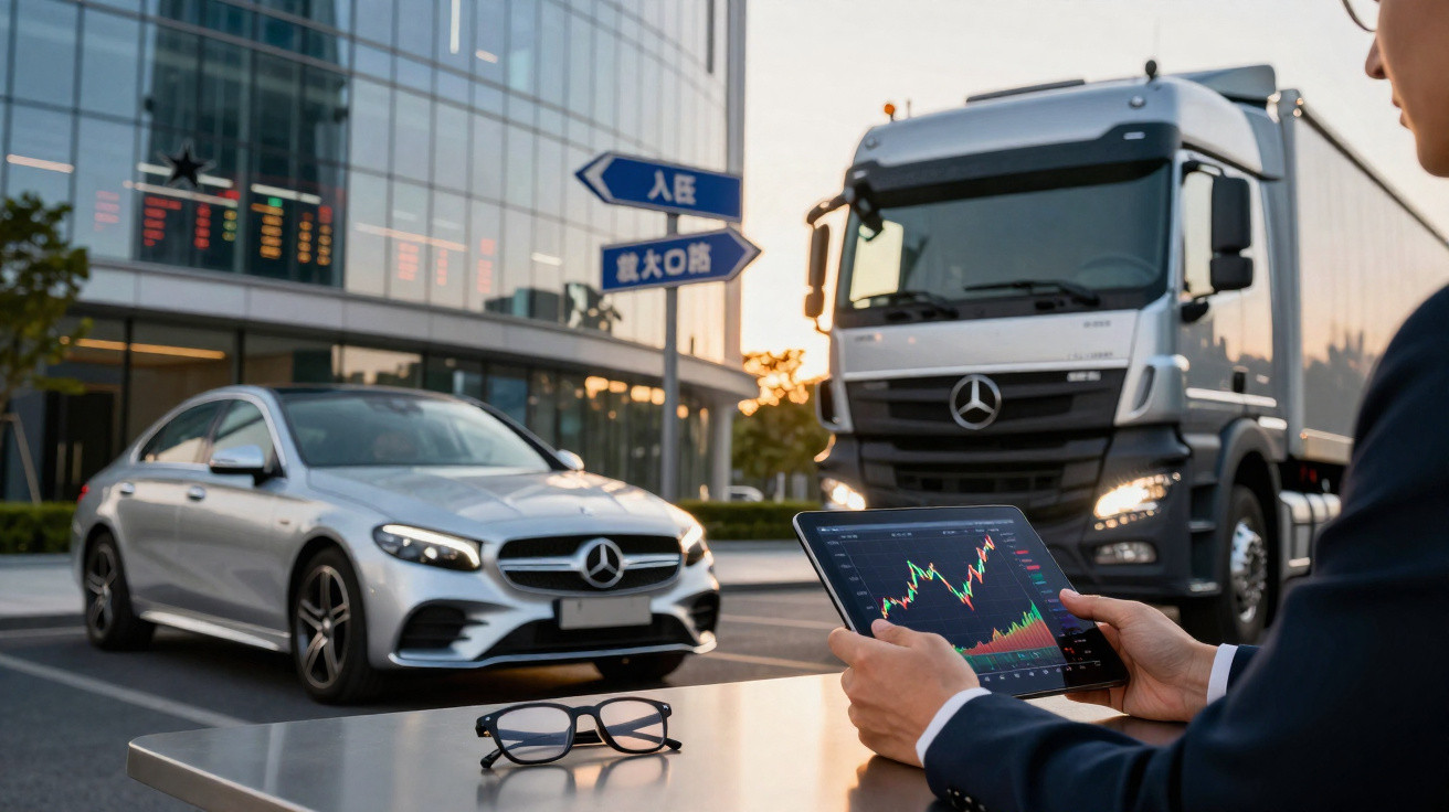Person analysing stock market data on a tablet with Mercedes-Benz car and truck parked outside a modern building.