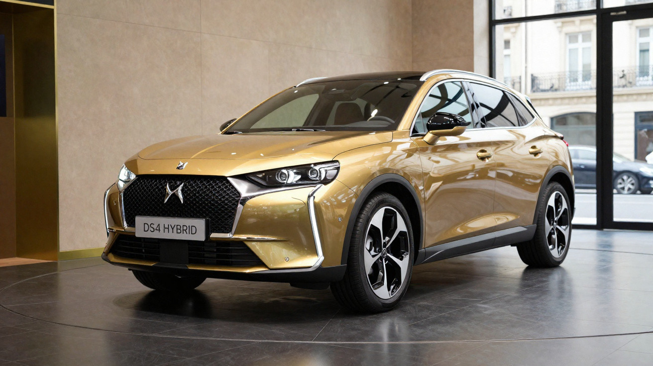 Gold DS4 Hybrid SUV parked indoors with black roof and alloy wheels near large windows.