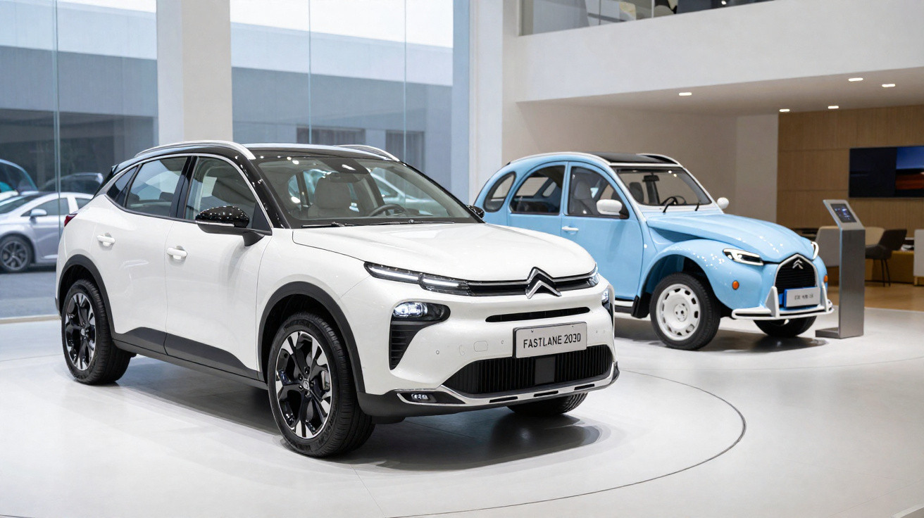 White and light blue Citroën cars displayed indoors on a white floor with modern architecture background.