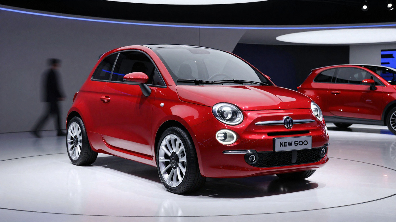 Red Fiat New 500 compact car displayed in a showroom with a blurred person walking nearby.