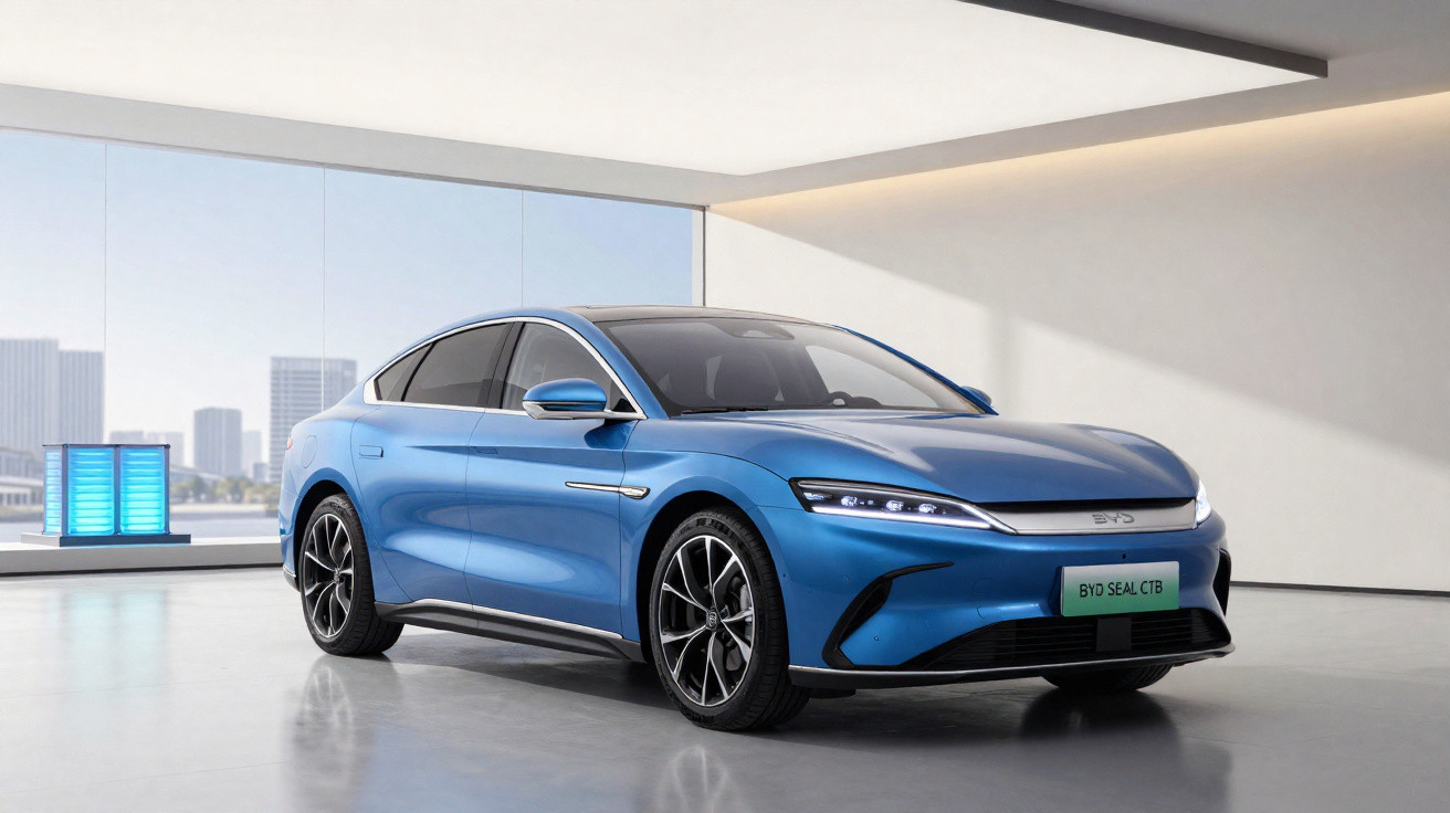 Blue BYD Seal electric sedan parked in a modern, spacious showroom with cityscape visible through glass wall.