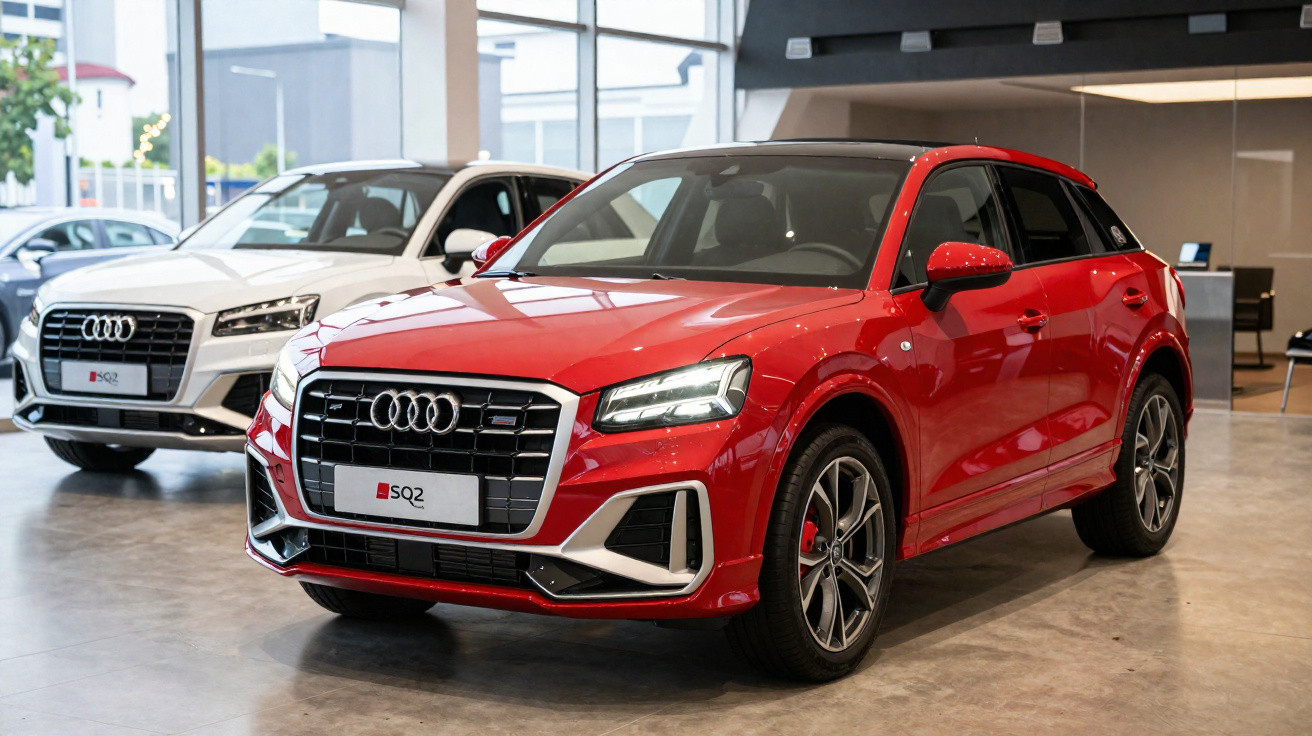 Two Audi SQ2 cars, one red and one white, displayed inside a modern showroom.