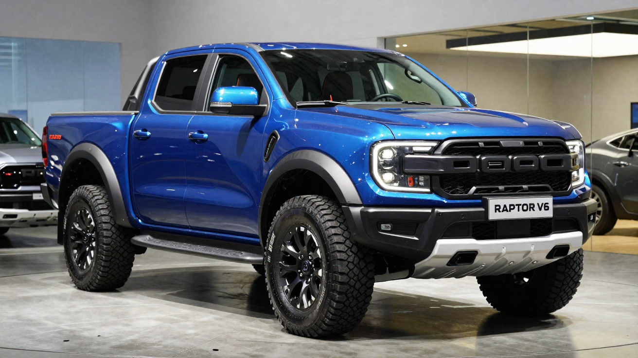 Blue Ford Raptor V6 pickup truck parked indoors, shown from the front-side angle.