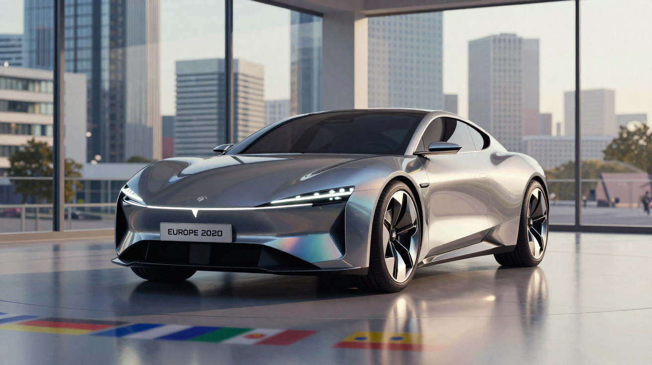 Sleek silver electric sports car displayed indoors with city skyline visible through large windows.