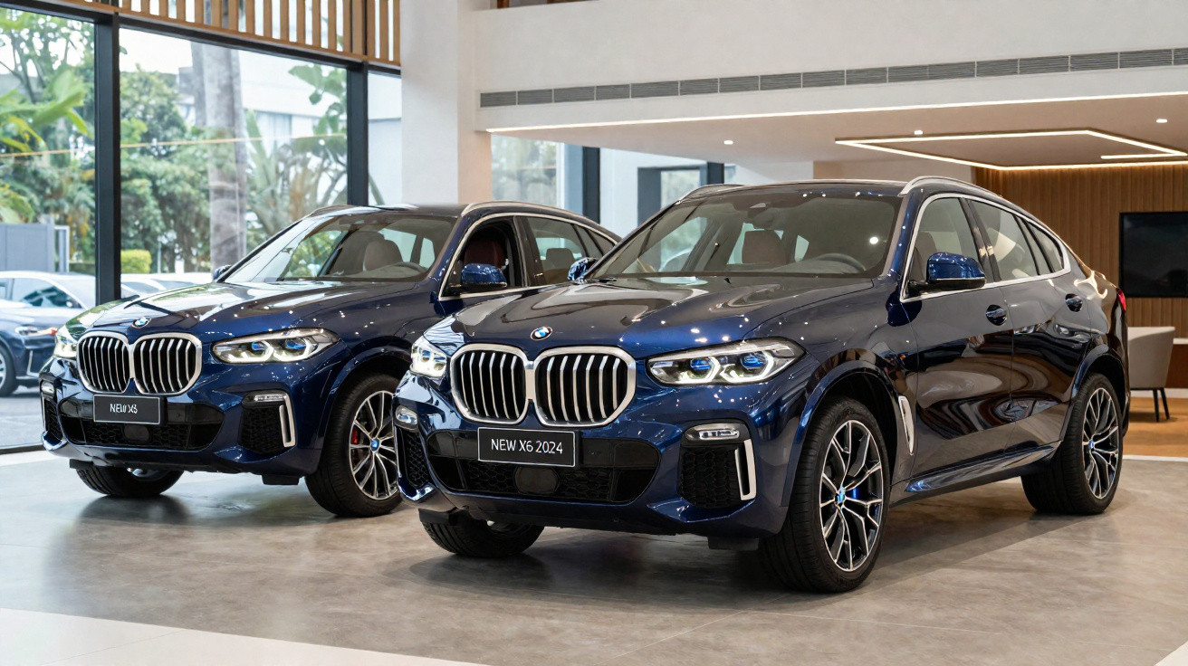 Two dark blue BMW luxury SUVs displayed indoors, labelled as New X5 and New X6 2024 models.